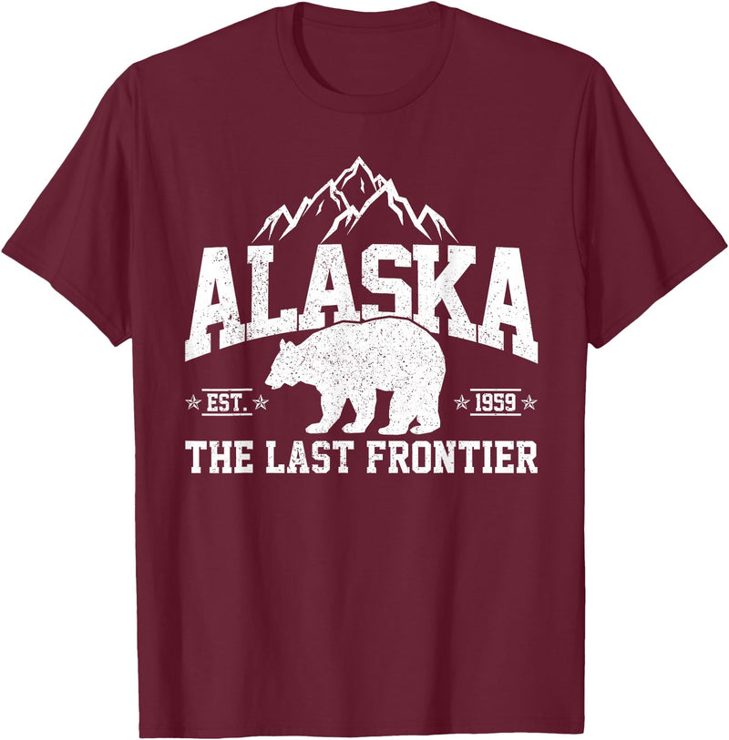 We Love Alaska - T-Shirts & Souvenirs Alaska The Last Frontier EST 1959 Grizzly Bear Mountains T-Shirt - Burgundy