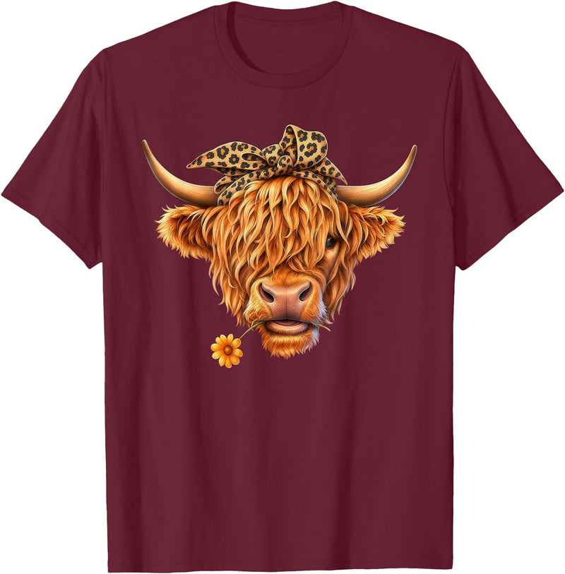 Highland Cow Lover Western Cowgirl Cowboy Farmer Cute Highland Cow Leopard Bow Bandana Western Cowboy Cowgirl T-Shirt -