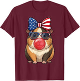 Cute Guinea Pig Bubble Gum Coquette Bow Girls Kids Patriotic Guinea Pig 4th of July Bow American Flag Girls T-Shirt - Burgundy