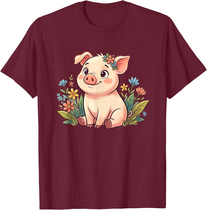 Cute Farm Piglet With Wildflowers Pastel Kawaii Baby Pig Surrounded by Colorful Flowers T-Shirt - Burgundy