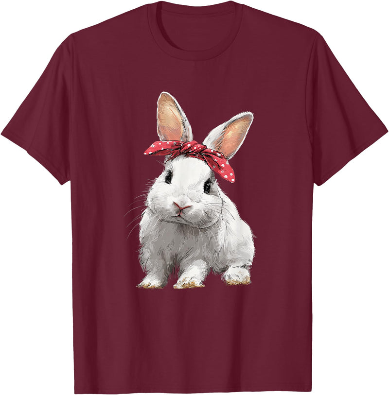 Cute Easter Bunny Rabbit Bow T-Shirt in Burgundy