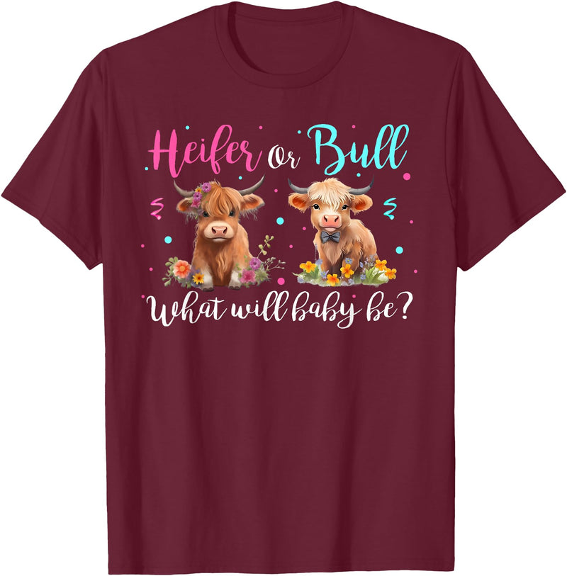 Heifer or Bull Gender Reveal Decorations & Gifts Highland Cow Print Heifer Or Bull Gender Reveal Baby Shower T-Shirt -