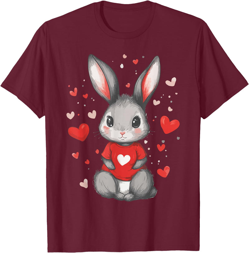 Rabbit Lover Heart Girls Valentine’s Day Women Bunny T-Shirt in Burgundy