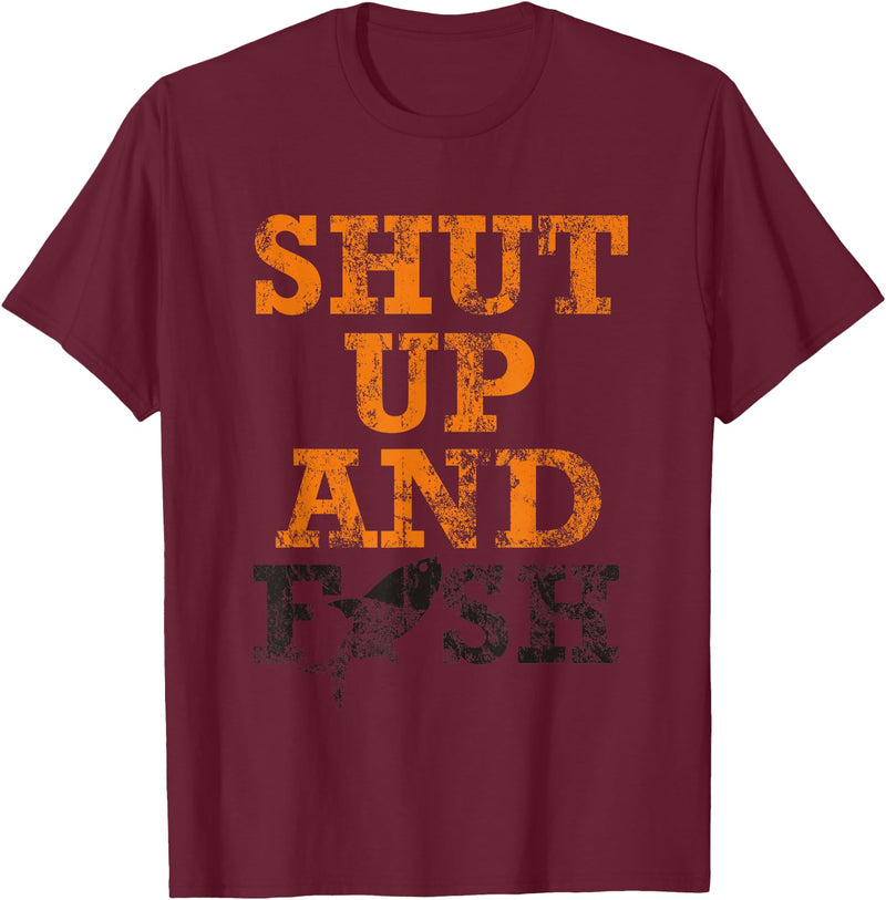 Green Cow Land Shut Up And Fish Distressed apparel T-Shirt - Burgundy