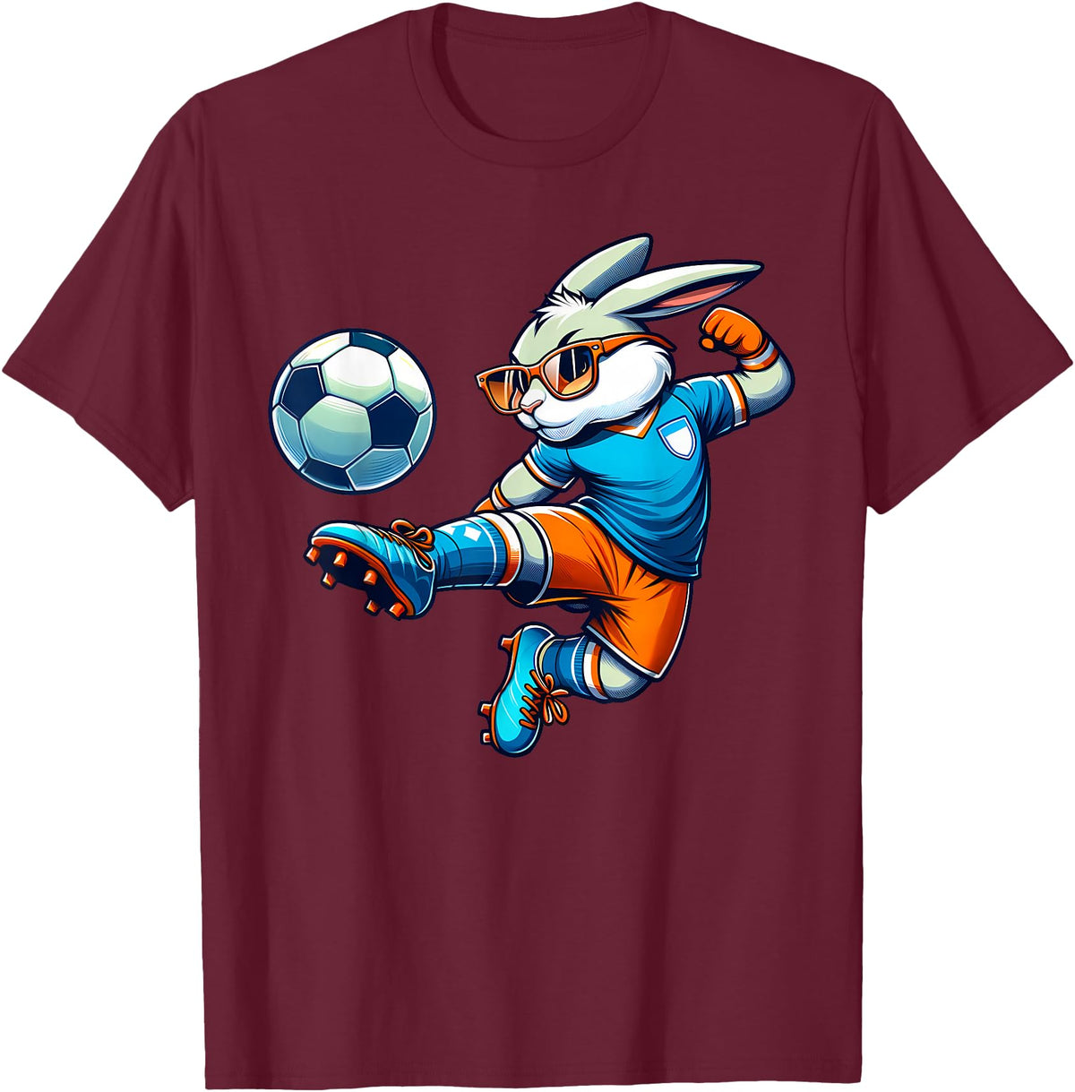 Happy Easter Bunny Soccer Player Lover Sport Rabbit T-Shirt in Burgundy