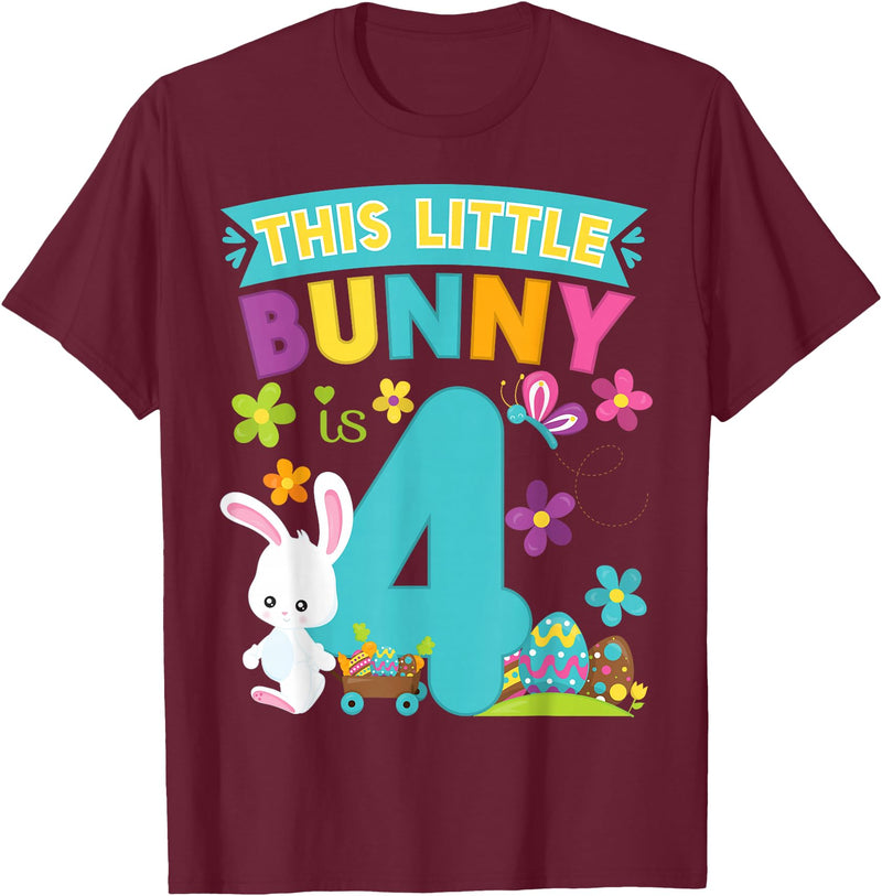 This Little Bunny Rabbit Is 4 Year Old Easter Birthday T-Shirt in Burgundy