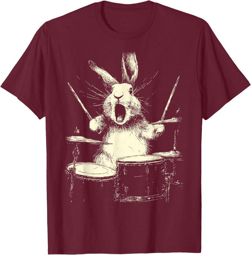 Cute Rabbit Playing Drums Funny Music Animal Drummer Graphic T-Shirt in Burgundy
