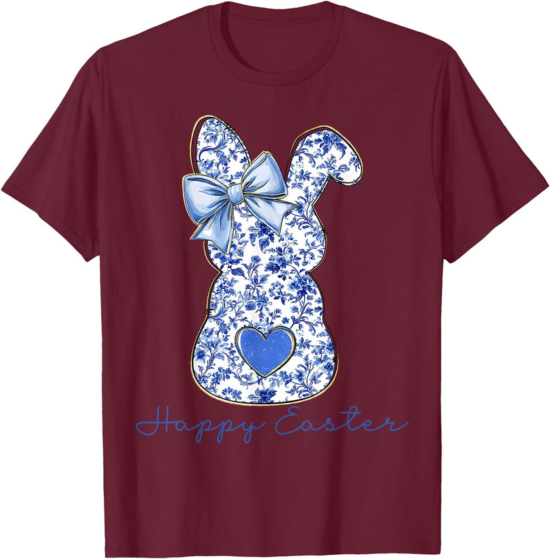 Happy Easter Chinoiserie Floral Bunny Cute Blue Bow Coquette T-Shirt in Burgundy
