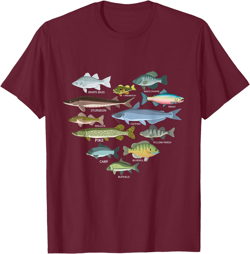 Types Of Freshwater Fish lover identification gift freshwater fish identification heart shape Species Fishing T-Shirt - Burgundy