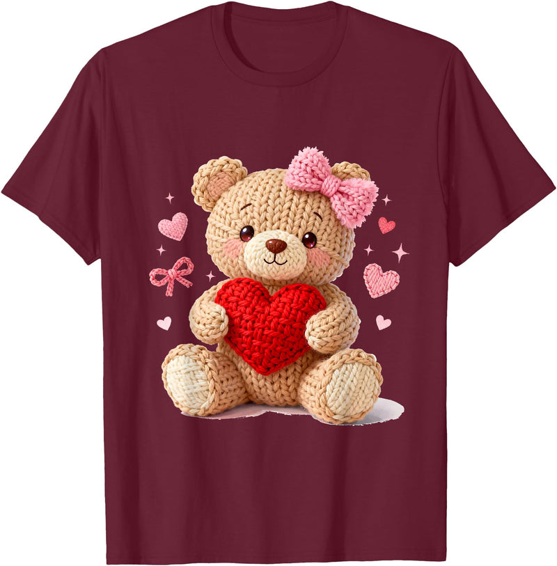 Cute Crochet Valentine Love Art Studio Be My Valentine Cute Crochet Yarn Teddy Bear Love T-Shirt - Burgundy