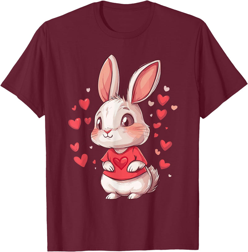 Rabbit Hearts Girls Love Women Kids Heart Bunny T-Shirt in Burgundy