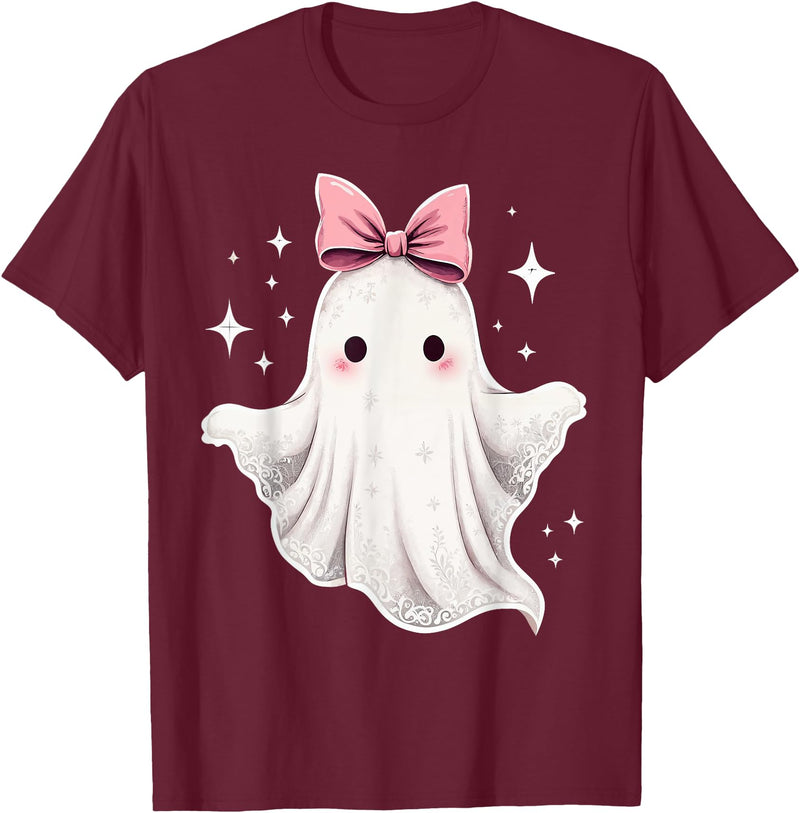 Halloween Ghost Coquette Bow Tee Ghost Coquette Bow Halloween Kawaii Girls Women Spooky T-Shirt - Burgundy