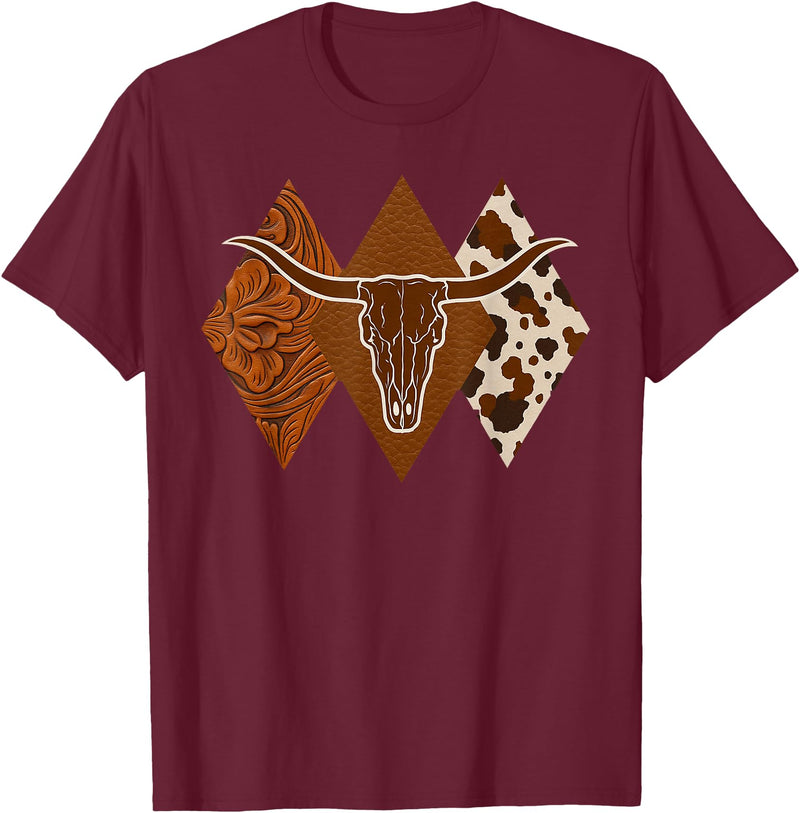 Boho Bull Skull Rodeo Culture Cowgirl Cowboy Gifts Boho Cow Skull Western Country Longhorn Country Concert T-Shirt - Burgundy