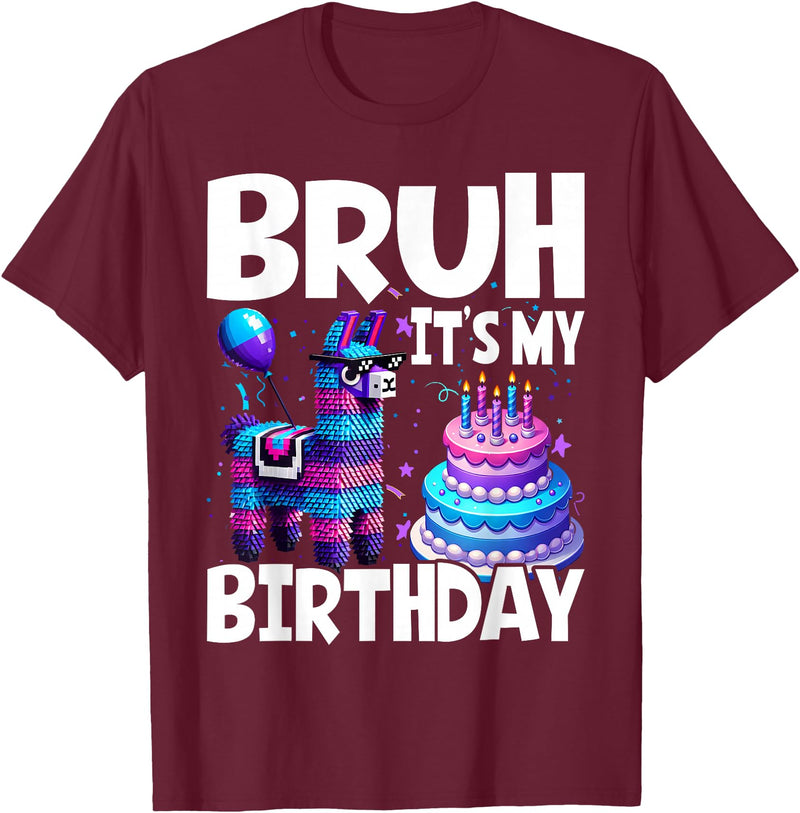 Llama Lover Gift Co. Bruh Its My Birthday Llama Pinata T-Shirt - Burgundy