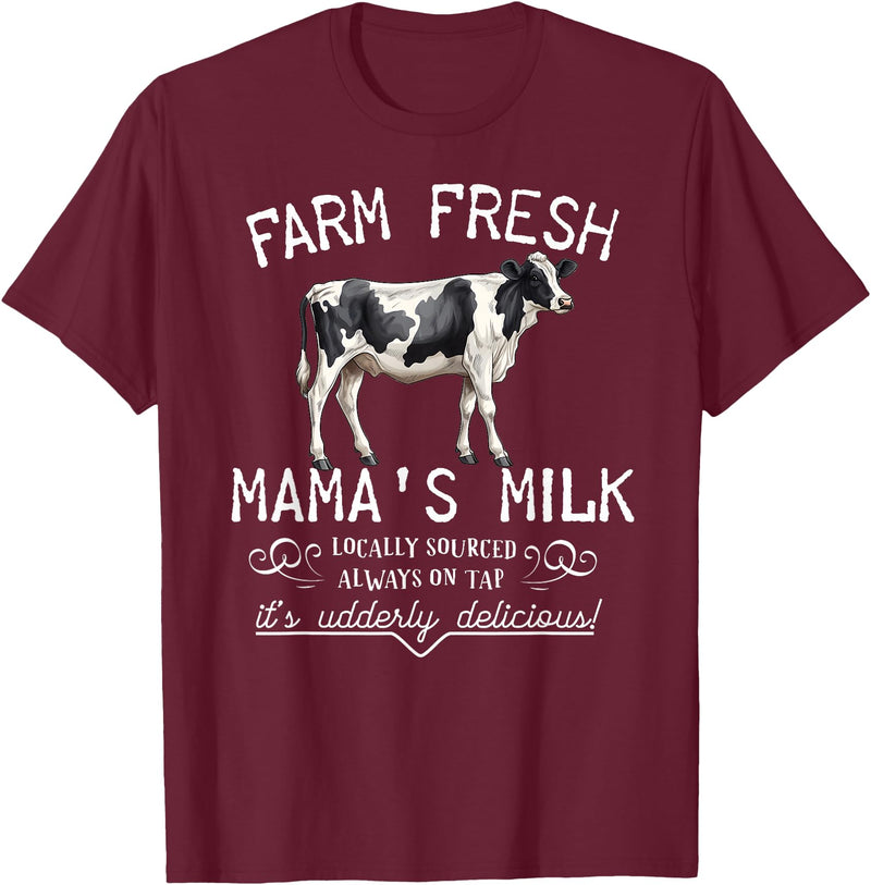 New Mommy Breastfeeding HumorDesigns for Women Funny Breastfeeding Mama's Milk Cow Farm Lacatation New Mom T-Shirt - Burgundy