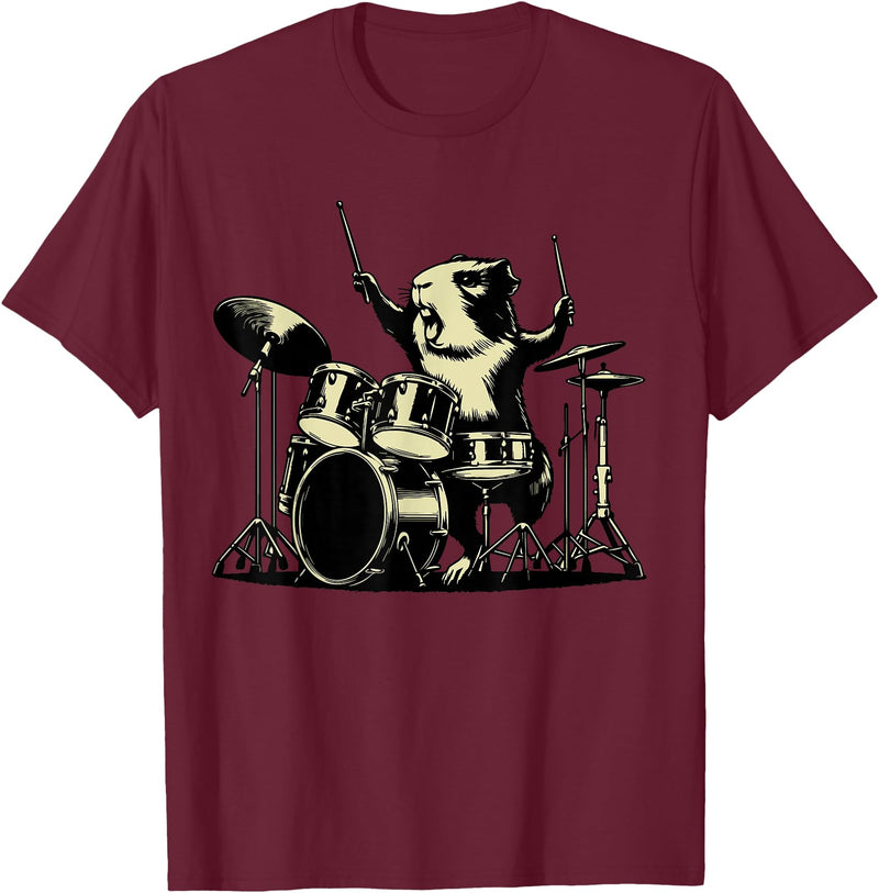 Retro Drummer Guinea Pig Lover Rock Design Guinea Pig Drummer Rock Drummer Guinea Pig Playing Drums T-Shirt - Burgundy
