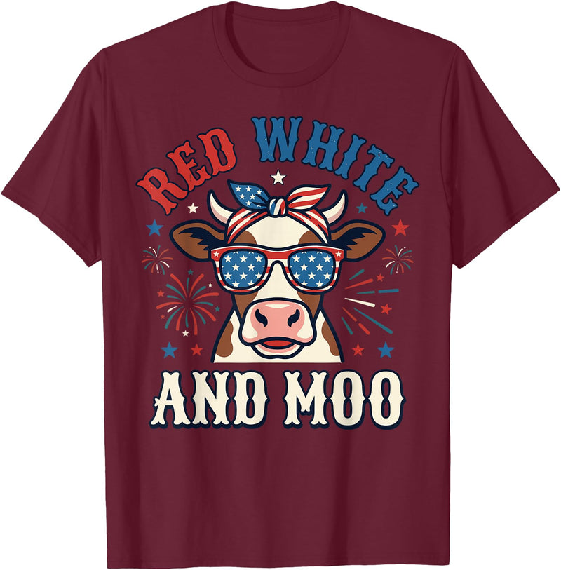 Patriotic Farm Cow Independence Day Red White and Moo Patriotic USA Flag Cow 4th of July T-Shirt - Burgundy