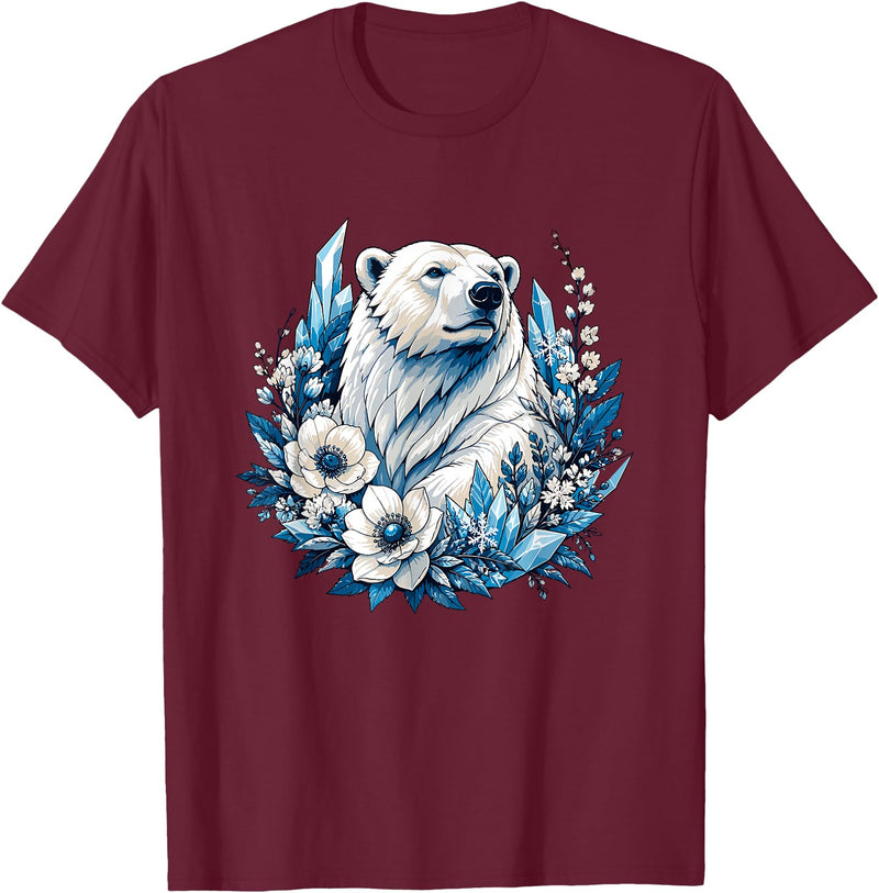 Arctic Polar Bear Floral Crystal Nature Winter Wildlife Polar Bear with Ice Flowers T-Shirt - Burgundy