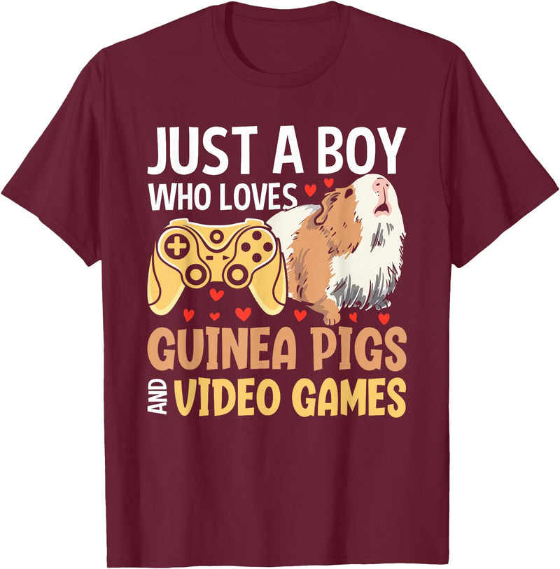 Guinea Pig Gifts for Gamer Co. Just a Boy Who Loves Guinea Pigs and Video Games Gaming T-Shirt - Burgundy