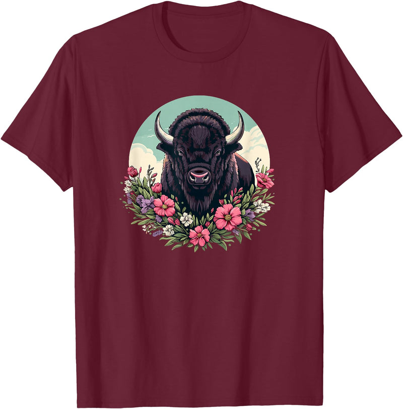 Wild Plains Buffalo Bison Gifts T Shirts & Hoodies Womens Girls Old West Retro Vintage Floral Buffalo Lover T-Shirt -