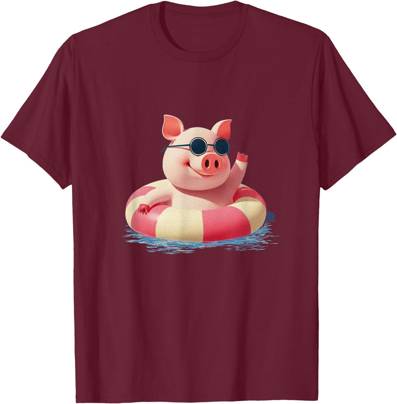 Vacation Pig Outfit Pig Sunglasses Graphic with Beach Ring T-Shirt - Burgundy