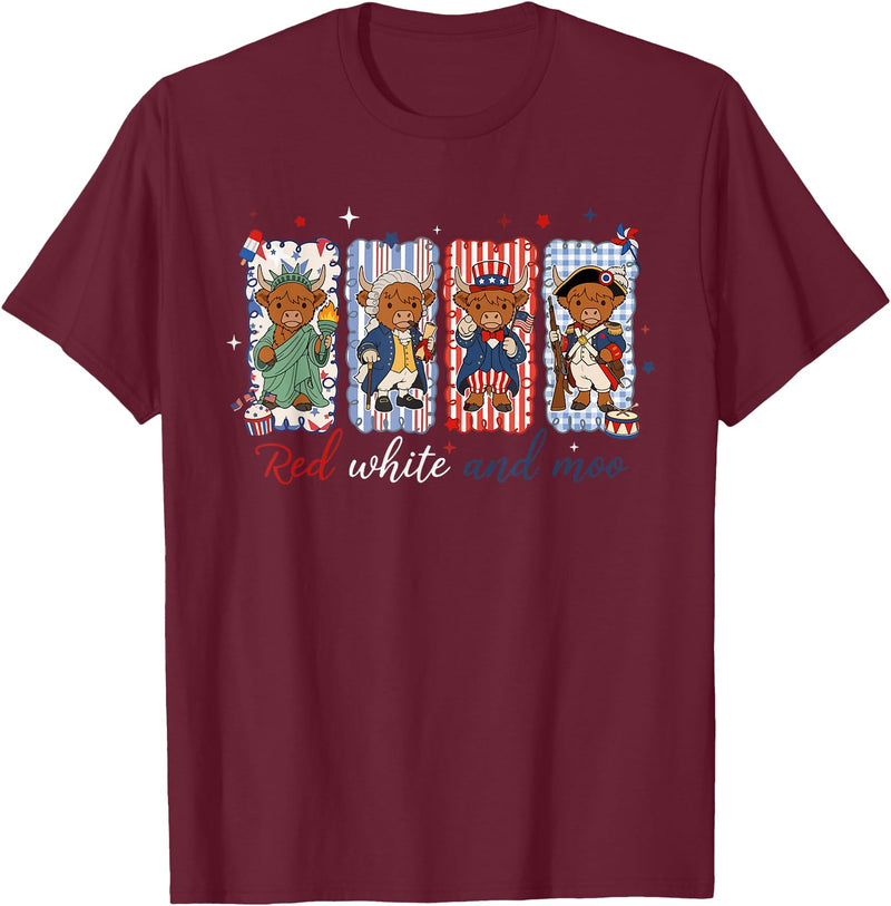 Red White Moo Patriotic Highland Cow Red White and Moo Highland Cow USA 4th of July 250th Years T-Shirt - Burgundy