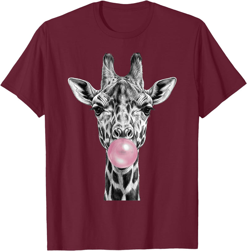 Wild Bubble Art Cool Giraffe Blowing Pink Bubblegum Sketch Art T-Shirt - Burgundy