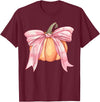 Coquette Halloween Tees NYC Coquette Autumn Pumpkin Pink Bow Girly Halloween Fall Women T-Shirt - Burgundy