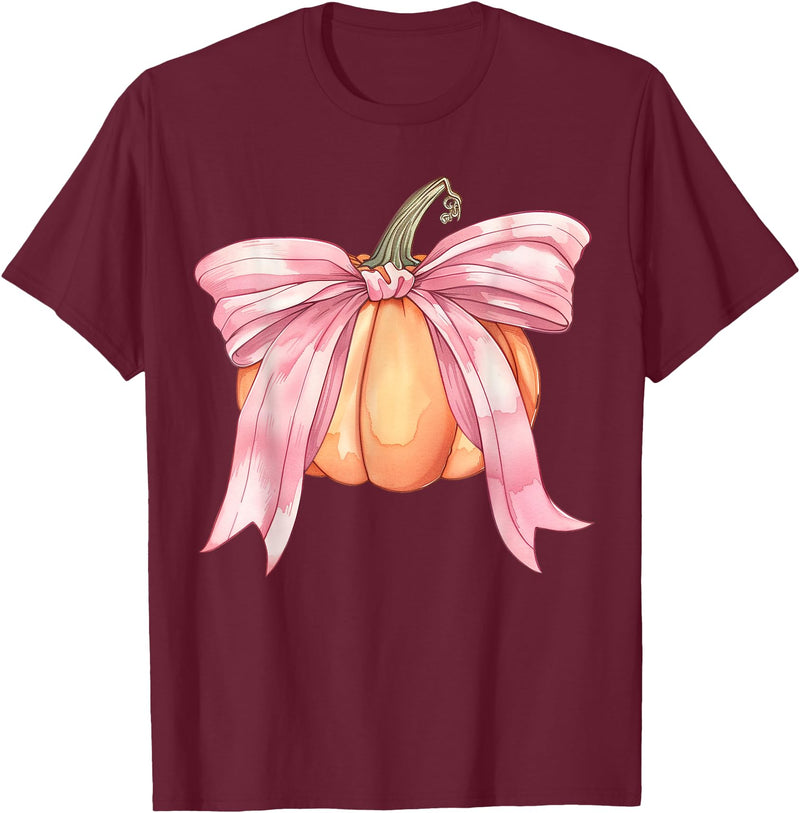 Coquette Halloween Tees NYC Coquette Autumn Pumpkin Pink Bow Girly Halloween Fall Women T-Shirt - Burgundy