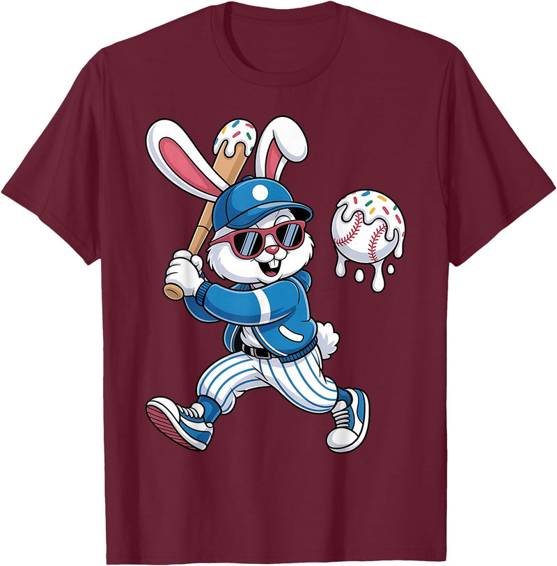 Funny Baseball Drip Rabbit Bunny Easter Men Boys Kids T-Shirt in Burgundy