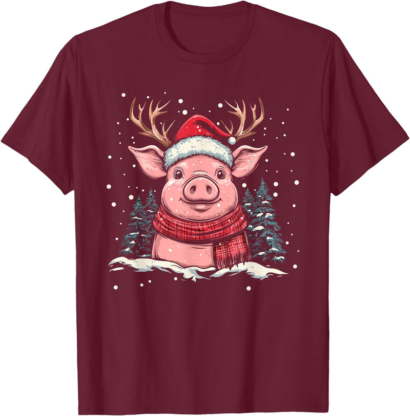 Funny Pig Christmas Outfit Pig Reindeer Santa Hat Christmas Xmas T-Shirt - Burgundy