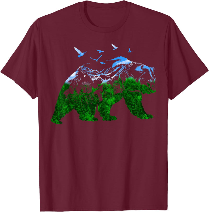 Nature Forest Trees Mountains Bear Wildlife Shirts Bear Nature Outdoor Mountains Forest Trees Bear Wildlife T-Shirt - Burgundy