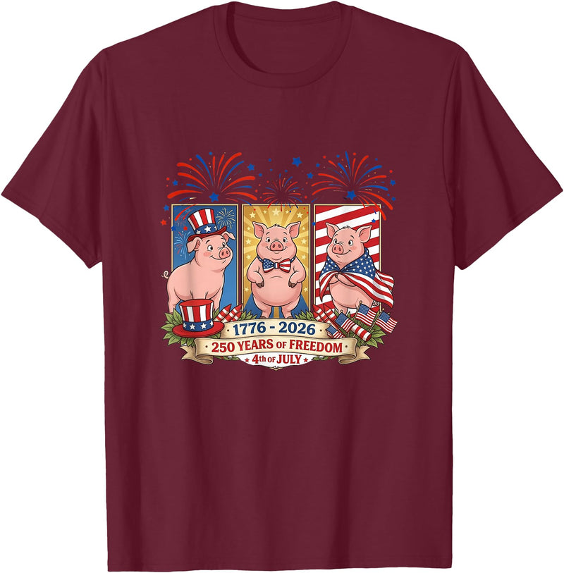 Farmer 4th Of July Costume 1776-2026 Proud 250th Freedom 4th July Three Cute Pigs T-Shirt - Burgundy