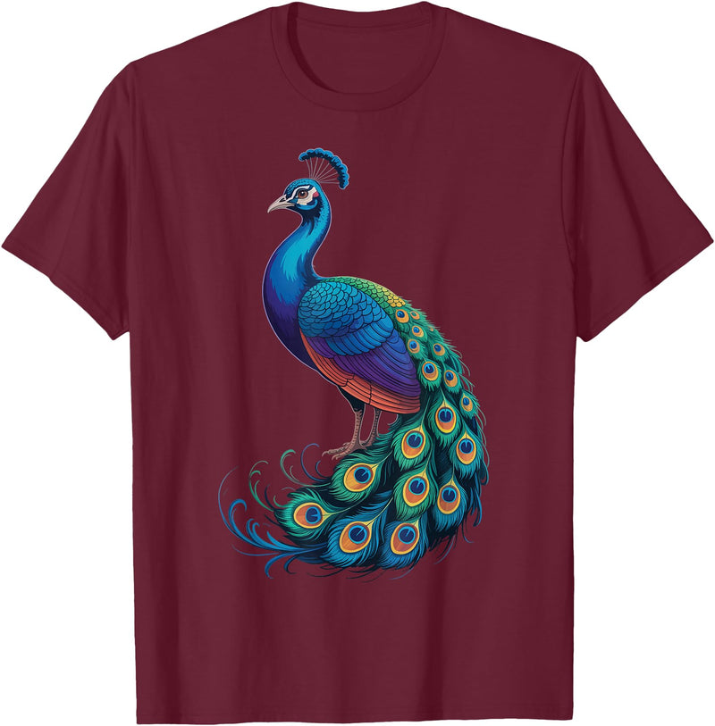 Peacock Peafowl Colorful Bird Peacock Illustration T-Shirt - Burgundy