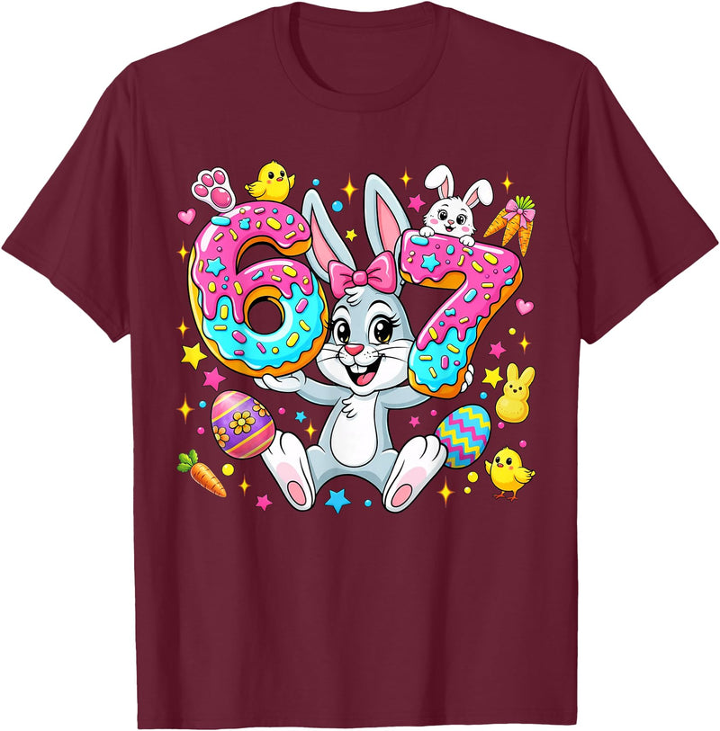 67 Six Seven Meme 6 7 Cute Rabbit Bunny Easter Day Girl Kids T-Shirt in Burgundy