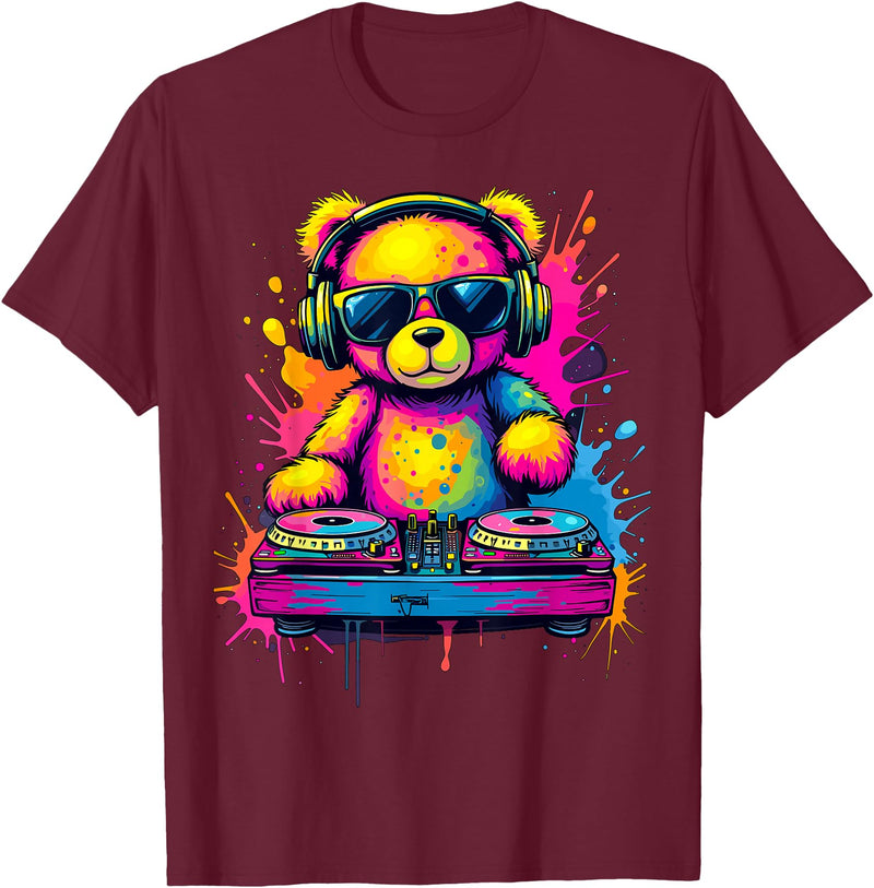 Magical and Funny DJ Gifts Colorful DJ Teddy Bear T-Shirt, Unisex-Kids, Black, Small, Long Sleeve, Classic Fit, Polyester 100% - Burgundy