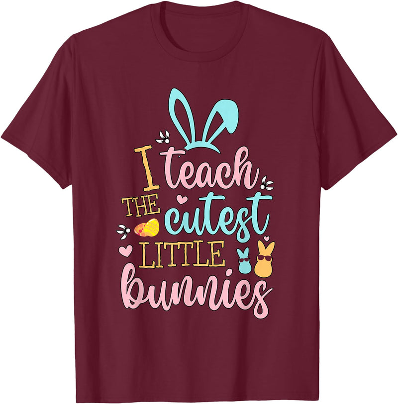 Easter Teacher Bunny Ears Basket Eggs Rabbit Happy Easter T-Shirt in Burgundy