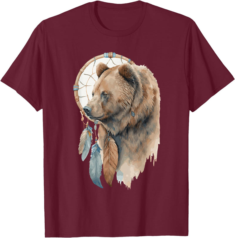 More Tribal Native American Totem Animal Art Bear Tribal Watercolor Bear Dream Catcher T-Shirt - Burgundy