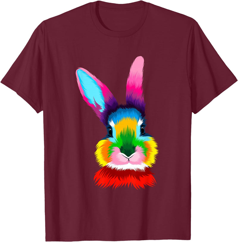 Colorful Rabbit Head Safari Animal Art Wildlife T-Shirt in Burgundy