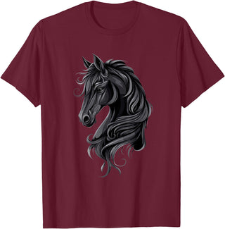 Artful Horse Designs Black Horse Portrait – Friesian Horse T-Shirt - Burgundy