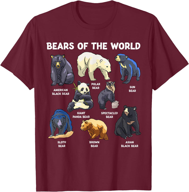 GoshWow Bears of The World Kawaii Types of Bears Wildlife Zoo Bear T-Shirt - Burgundy
