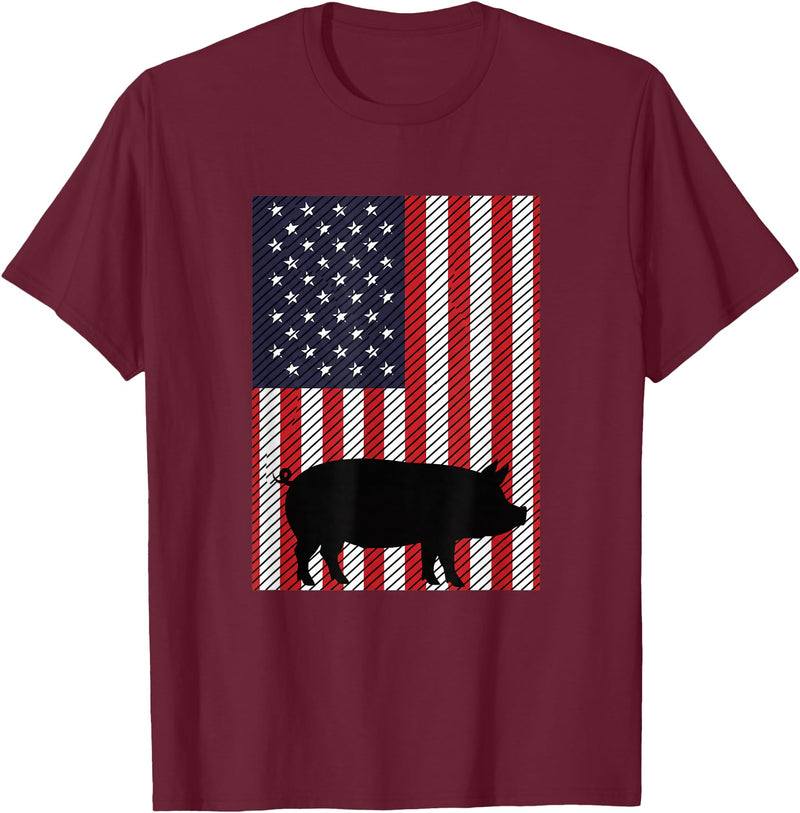Farm Pig Patriotic United States Flag Kids Animal Patriotic Pig Silhouette American Flag Farm Kids Fourth T-Shirt - Burgundy
