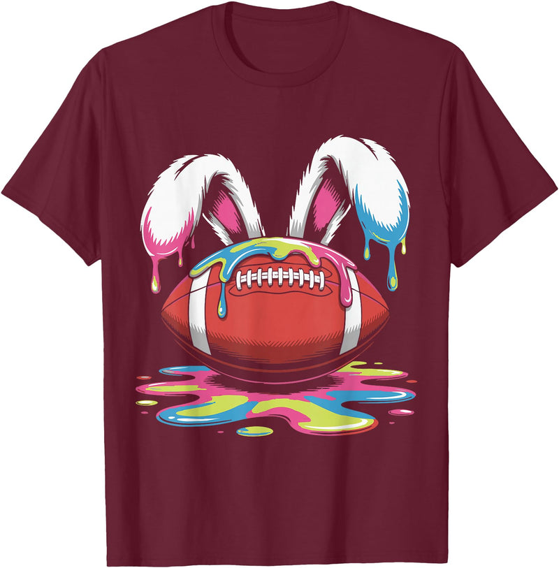 Funny Easter Football Bunny Ears Paint Ice Cream Drip Rabbit T-Shirt in Burgundy