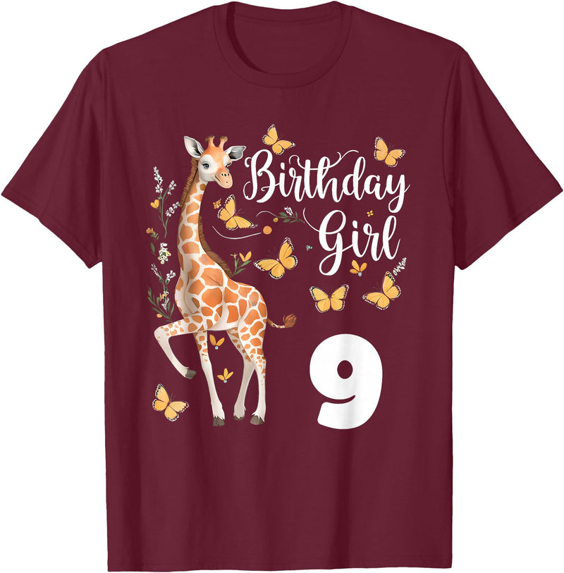 Giraffe Birthday Party by LazyPanda Giraffe 9th Birthday Girl 9 Years Old Giraffe Lover T-Shirt - Burgundy