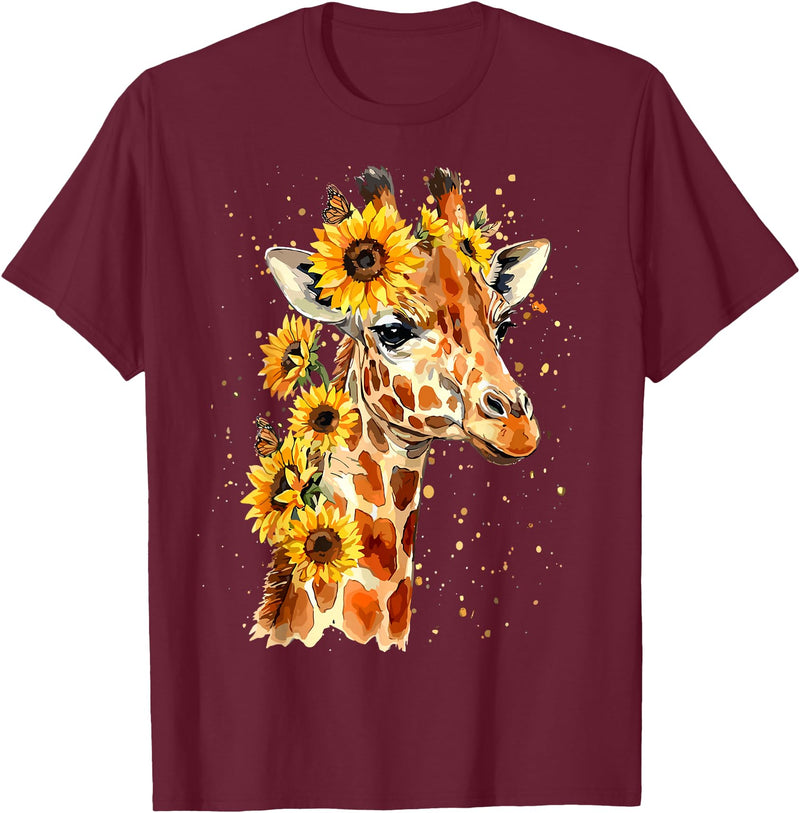 Funny Girl who loves Giraffe Sunflower Giraffe Cute Floral Safari Animal T-Shirt - Burgundy