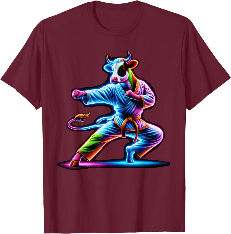 Cow Karate Black Belt Apparel Cow Karate Kick Punch Cute Funny Cool Martial Arts Cow T-Shirt - Burgundy