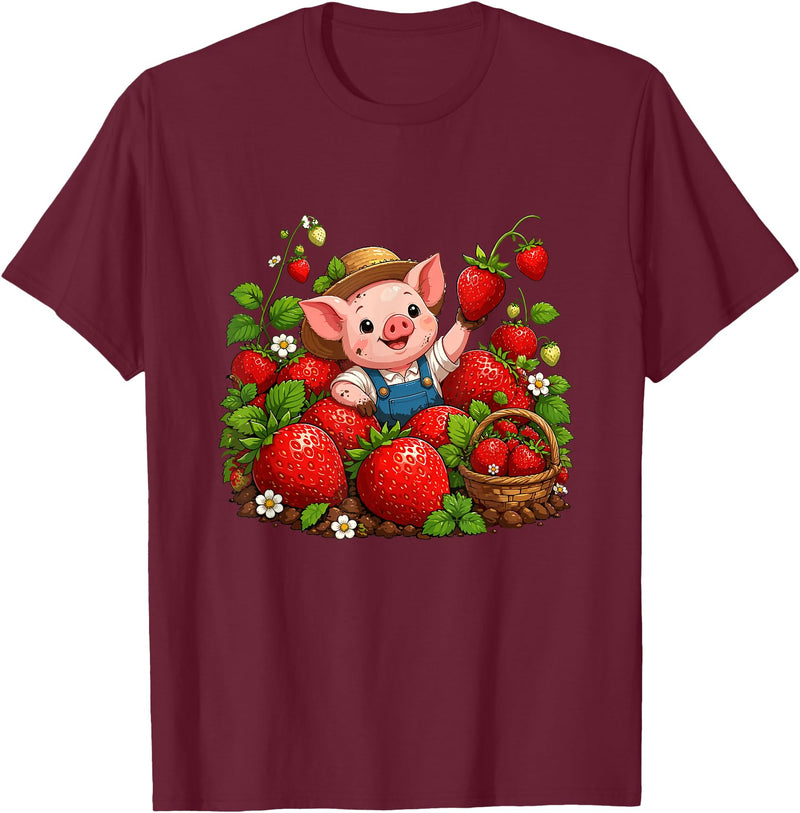 Kawaii Strawberry Piglet Farm Harvest Cute Farmer Pig Strawberry Patch Berry Picking T-Shirt - Burgundy