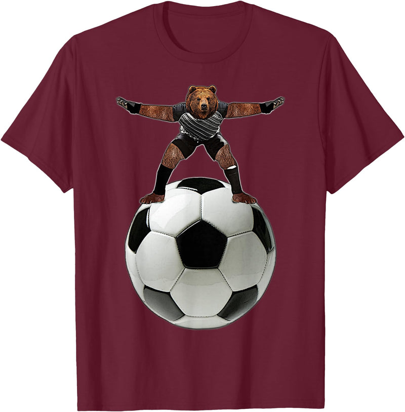 Behrbones Clothing Bear Goalie On Soccer Ball - by Behrbones T-Shirt - Burgundy
