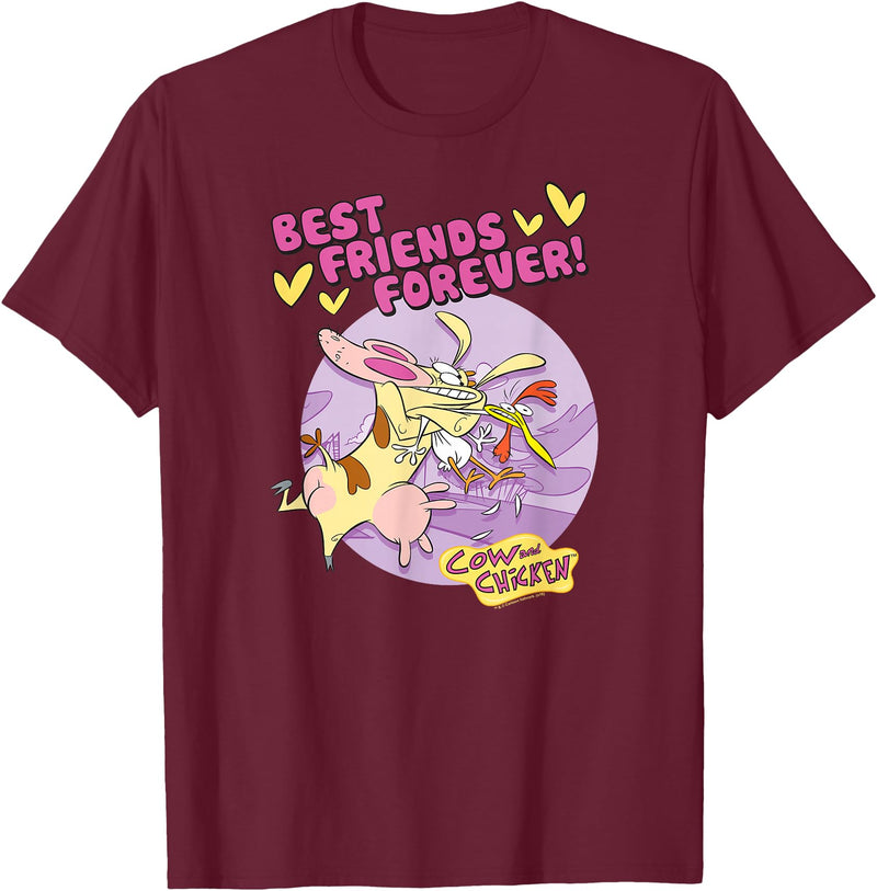 Cartoon Network Cow and Chicken Best Friends T-Shirt, Men's Blue Short Sleeve Cartoon Character T-Shirt, Small - Burgundy
