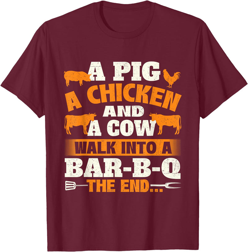 Funny BBQ Shirts A Pig A Chicken And A Cow - Grilling BBQ Lover Barbecue T-Shirt - Burgundy